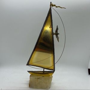 MCM Vintage Artist Signed DeMott Brutalist Brass Sailboat on Onyx Sculpture